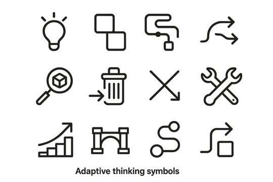 Adaptive Thinking Icons. Adaptive Thinking Symbols linear icon set: idea spark, modular tool block, flexible plan strip, workaround arrow, resource scan icon, minimal-waste cue