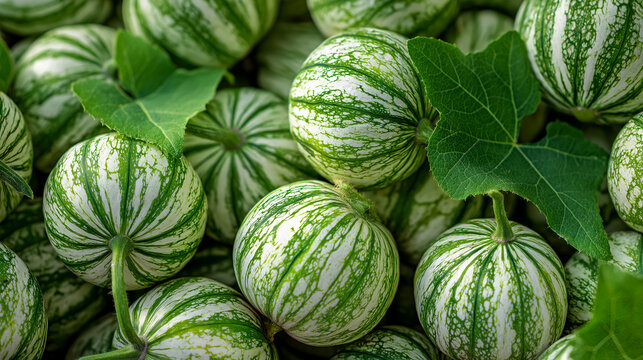 fresh ivy gourds with green-white striped skin, crisp texture, natural daylight
