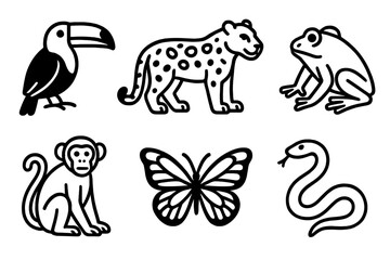 Obraz premium Wildlife Icon Series. Wildlife Diversity linear icon set: toucan, jaguar, frog, monkey, butterfly, snake