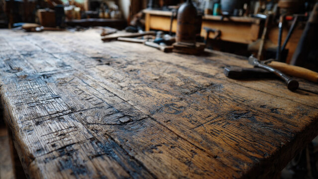 A detailed view of an aged, heavily used wooden workbench with tools, showcasing rich texture and craftsmanship history.