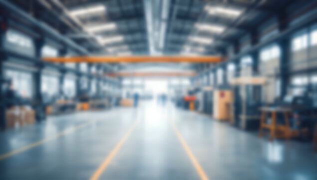 Industrial warehouse interior with machinery and equipment, blurred background