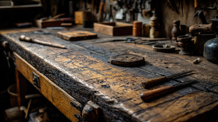A vintage wooden workbench, well-used and textured, featuring various old tools and workshop essentials, hinting at skilled craftsmanship.