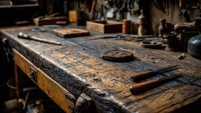 A vintage wooden workbench, well-used and textured, featuring various old tools and workshop essentials, hinting at skilled craftsmanship.