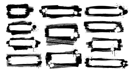 Grungy ink stencil brush strokes and paint splashes in a rectangular banner composition for text and callouts with dirty drops and blots
