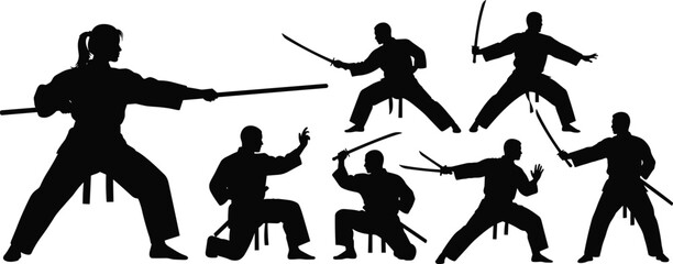 Silhouettes of male and female martial artists practicing sword fighting or Kendo, performing various dynamic standing and kneeling attack and defense poses with katana and wooden weapons, vector 