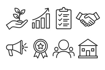 Organic Growth Icons. Organic growth strategies actions linear icon set: nurturing development, steady scaling, refining processes, building trust, expanding outreach, improving