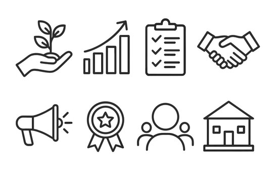Organic Growth Icons. Organic growth strategies actions linear icon set: nurturing development, steady scaling, refining processes, building trust, expanding outreach, improving