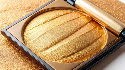 Close up of a golden shimmering highlighter compact with embossed pattern