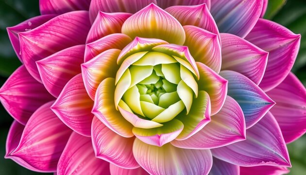 Intricate pink, green, and blue rosette with swirling petals and delicate details, pink, swirl