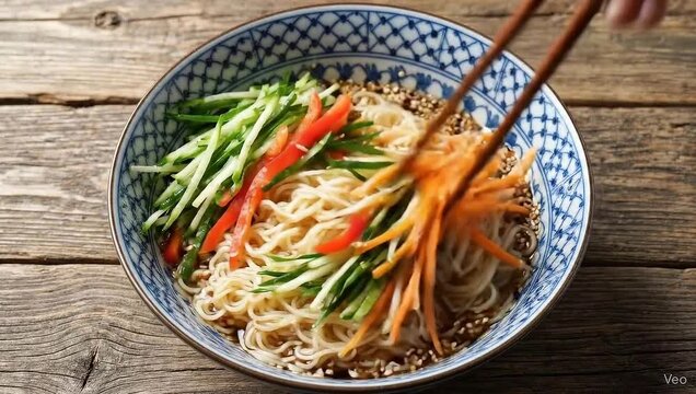Liangpi Chinese cold noodles overhead chopsticks stirring mixing