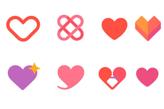 Modern Heart Icons. Valentine themes flat icon set: infinite heart loop, harmony knot, soft aura heart, geometric heart, love spark, delicate curve, connection symbol, affectionate