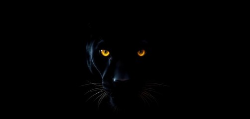 Silhouette of black panther, luminous yellow eyes, stark black backdrop,  feline, black panther