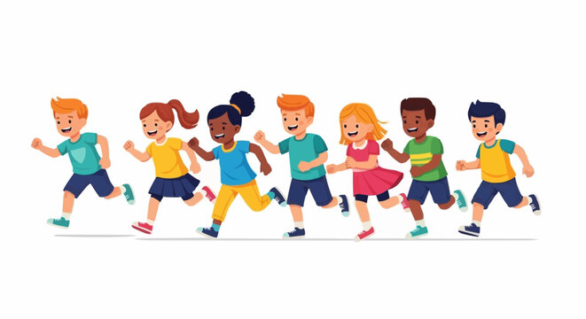 Diverse group of happy children running together in a playful race.