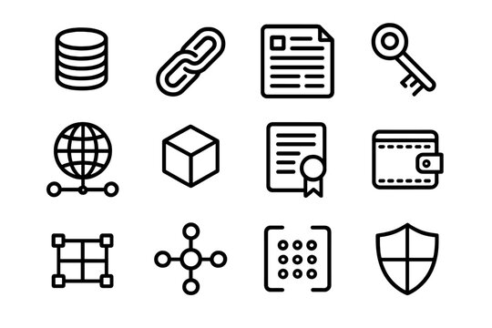 Blockchain Icon Grid. Blockchain Ecosystem linear icon set. coin stack, chain, ledger sheet, encryption key, network globe, data cube, smart contract, secure wallet, hash code