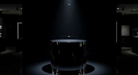 A single spotlight dramatically illuminates an empty glass pedestal in a dark, minimalist exhibition hall.