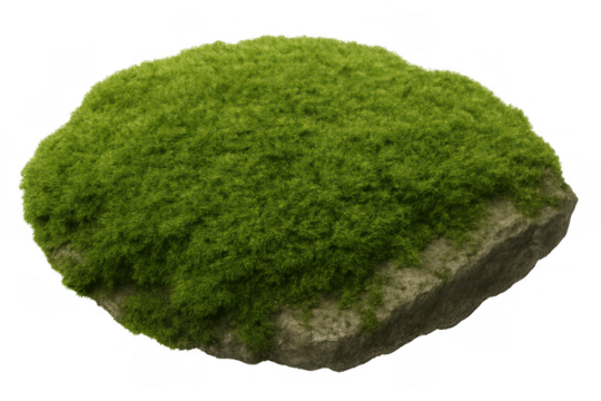 Green moss forms a soft, organic texture covering a natural rock element, isolated on a transparent background