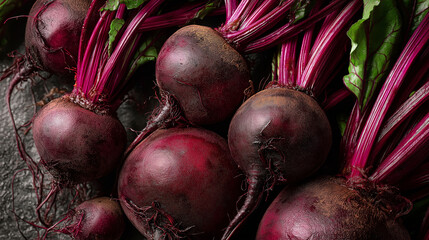 whole beetroots with vibrant purple color, earthy surface, attached greens, soft side lighting