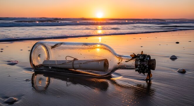 A message in a bottle, washed ashore on a deserted beach at sunset. The glass bottle is old and slightly foggy, containing a rolled-up parchment. A weathered cork is firmly sealed in the neck. The sce