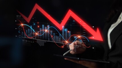 Economic caution visualized with fluctuating market graph, alert symbols, and negative data trends....