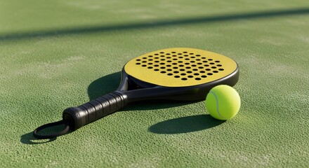 Get ready to play padel tennis with this sunny yellow racket and ball on the green court, perfect for sports enthusiasts and active lifestyles