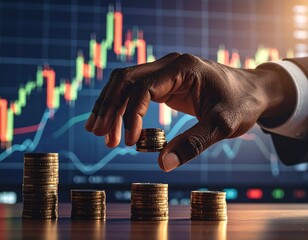 Black hand placing coin atop stack, stock market graph in background