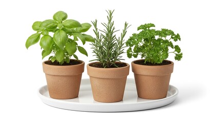 Fototapeta premium Fresh Herbs in Pots - Basil, Rosemary, and Parsley.
