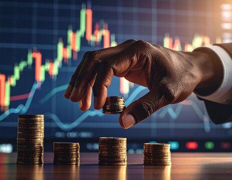 Black hand placing coin atop stack, stock market graph in background