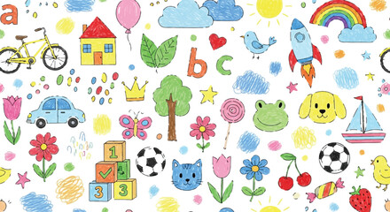 Colorful Children's Drawing Style Seamless Pattern