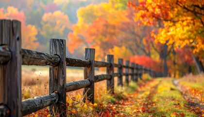 Scenic Wooden Fence Bordered by Vibrant Fall Foliage in a Rural Landscape