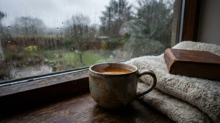 A steaming mug of hot tea and a book on a cozy blanket by a rainy window. Hygge concept for a relaxing autumn day at home