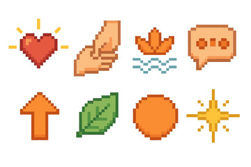 Fototapeta premium Compassionate Icons Set. Compassionate Response pixel style icon set: heart beam, helping hand, calming symbol, reassurance bubble, uplift arrow, comfort leaf, soothing circle