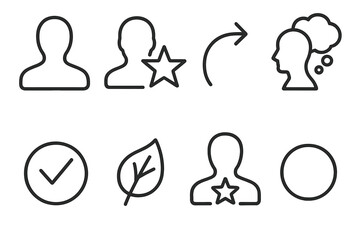 Unique Silhouette Icons. Personal Difference linear icon set: unique silhouette, individuality star, distinct path arrow, varied mindset bubble, identity mark, contrast leaf