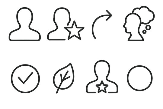 Unique Silhouette Icons. Personal Difference linear icon set: unique silhouette, individuality star, distinct path arrow, varied mindset bubble, identity mark, contrast leaf