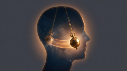 Conceptual illustration of hypnosis with a swinging golden pendulum. Human head silhouette filled with a cosmic universe representing the subconscious mind and psychology