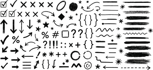 Hand drawn arrows and symbols doodle set check mark