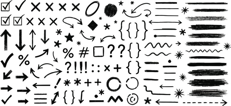 Hand drawn arrows and symbols doodle set check mark