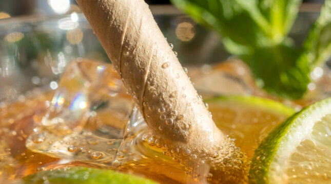Macro close-up of a paper straw in a refreshing carbonated drink with ice and lime. Bubbles on a sustainable straw in a summer cocktail