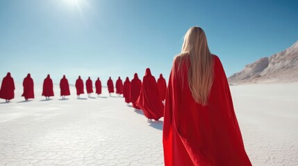 This image features multiple figures in red cloaks walking in unison across a stark landscape, symbolizing unity and collective identity amidst an expansive and barren setting.