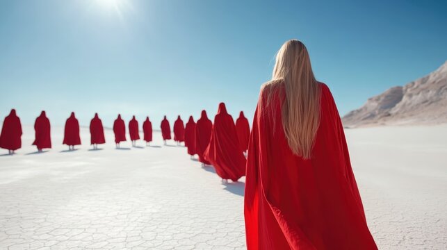 This image features multiple figures in red cloaks walking in unison across a stark landscape, symbolizing unity and collective identity amidst an expansive and barren setting.