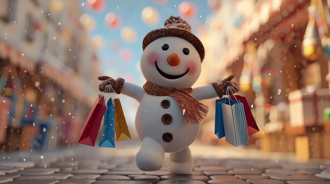 A funny snowman running down a festive shopping street while holding holiday shopping bags, with snow gently falling. The concept of playful winter cheer, and holiday excitement. Generative AI.