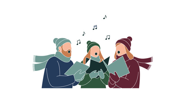 Group of friends singing carols together in winter clothing  