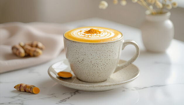 White ceramic turmeric latte cup on marble countertop in soft daylight with copy space - Powered by Adobe