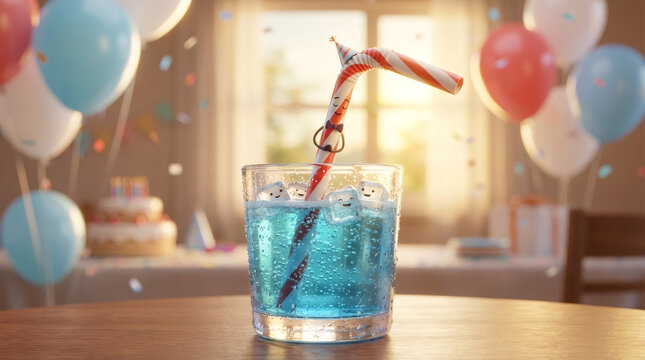 Cute anthropomorphic straw and ice cube characters celebrating a birthday. A festive party scene with a glass of blue soda, balloons, and cake in a soft focus background