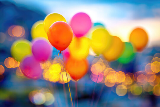 Colorful balloons floating in dreamy, surreal outdoor scene with blurred bokeh lights, creating festive and joyful atmosphere, perfect for celebration or party themes