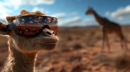 This playful image depicts a giraffe wearing stylish sunglasses in a vast desert setting, adding humor and charm while inviting viewers to embrace the lighter side of life and nature.