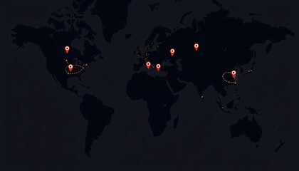 Dark world map with strategic pins, military symbols, and dotted lines indicating troop movements, region, navy