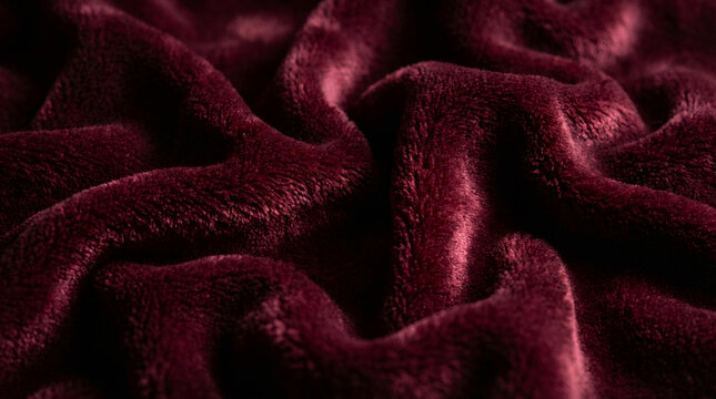 Close-up of a soft plush red fabric texture. Luxurious burgundy velvet material with gentle folds. Cozy and warm abstract background