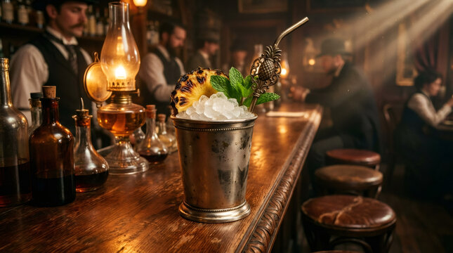 A classic cocktail in a silver julep cup at a vintage speakeasy bar. Old-fashioned pub with atmospheric lighting and retro decor for a historical nightlife concept - Powered by Adobe