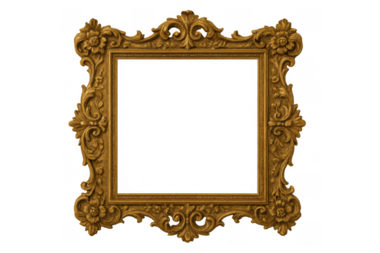 Ornate gold picture frame with classical baroque design, an antique decorative element on transparent background
