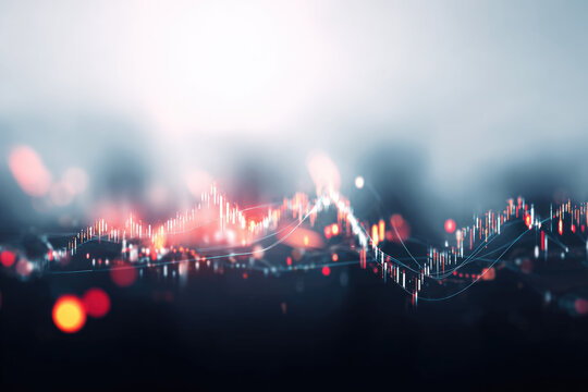 Defocused abstract economy dashboard with blurred graphs, glowing lines, and candlestick chart, representing financial data analysis and market trends in modern digital style